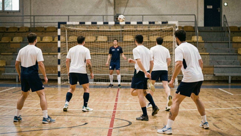 Twee handbalteams in een gemeentelijke sporthal tijdens een aanval op de zes metercirkel, met de scheidsrechter op de achtergrond