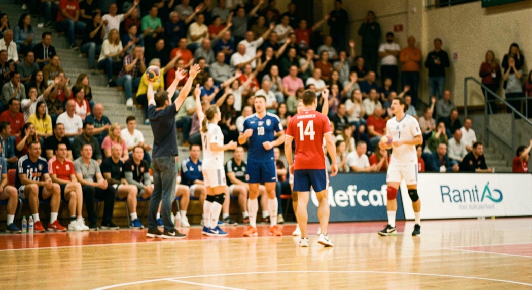 Een volle tribune in een sporthal tijdens een handbalwedstrijd op hoog niveau, met wazige toeschouwers en de speelvloer op de voorgrond