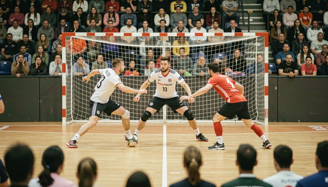 Aanvallende handbalploeg opgesteld in een boog rond het doelgebied met de cirkelloper tussen twee verdedigers voor het doel