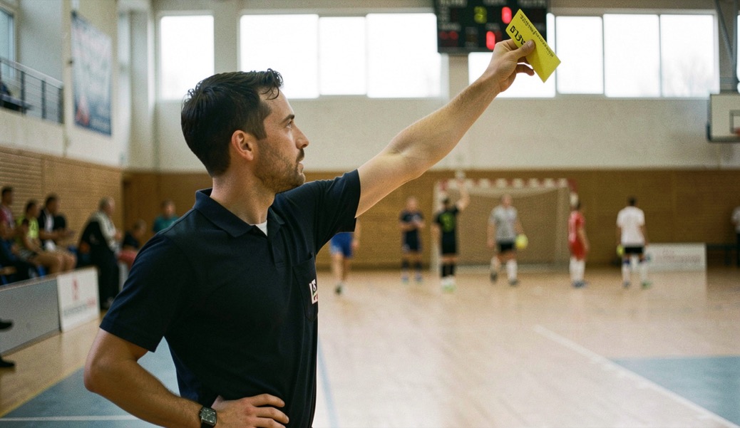 Scheidsrechter in zwart tenue die met opgestoken arm een gele kaart toont langs de zijlijn van een handbalveld in een sporthal